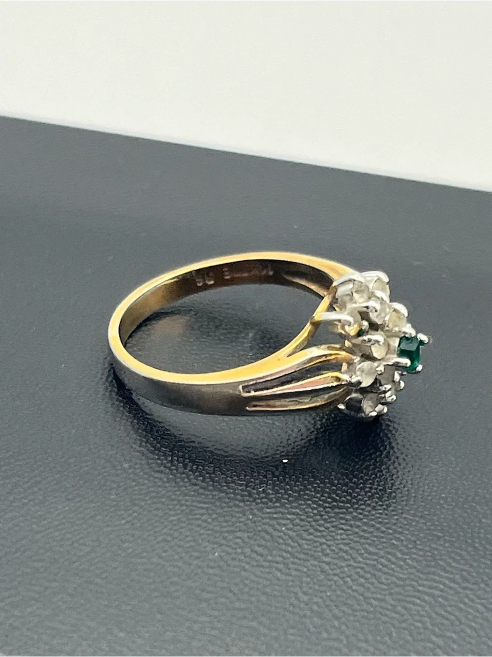 14k gold electroplate green & clear rhinestone cluster cocktail ring sz 8.75